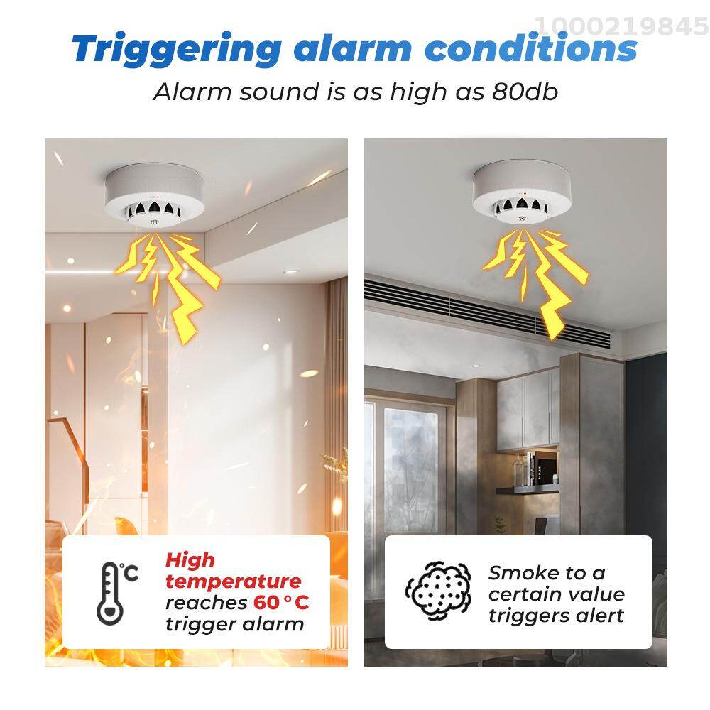 Cảm biến thông minh tuya Wifi BT hai kết nối máy dò khói nhiệt độ độ ẩm thiết bị đo lường 80dB báo động âm thanh với điện thoại di động ứng dụng từ xa đẩy cảnh báo chức năng tương thích với Alexa và Google nhà điều khiển bằng giọng nói
