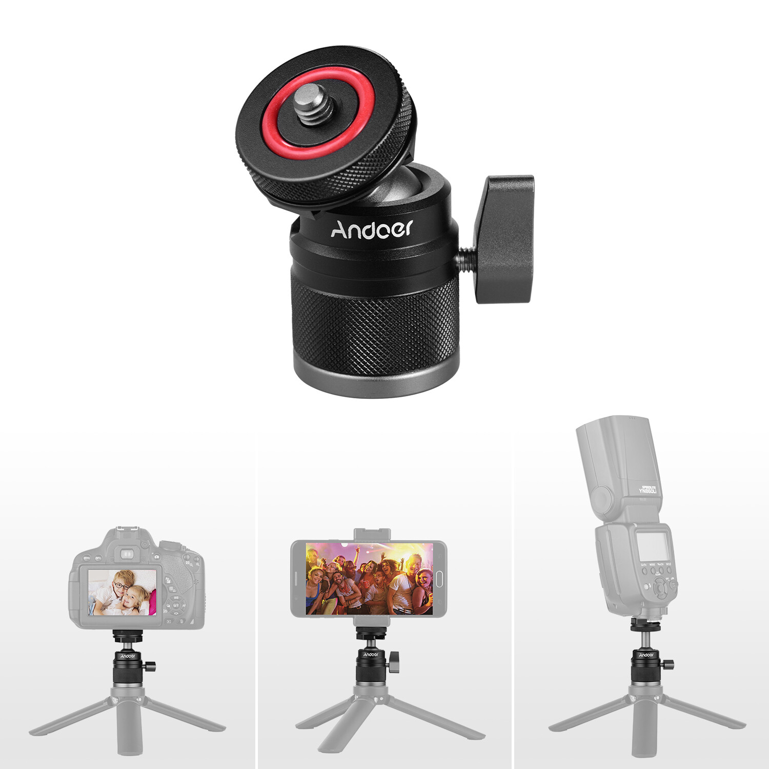 Andoer 2 in 1 Mini Cold Shoe Ball Head Dual Use with 1/4 Screw Cold Shoe Mount 360° Swivel Aluminum Alloy Compatible with Camera Phone Holder Speedlite Tripod Selfie Stick