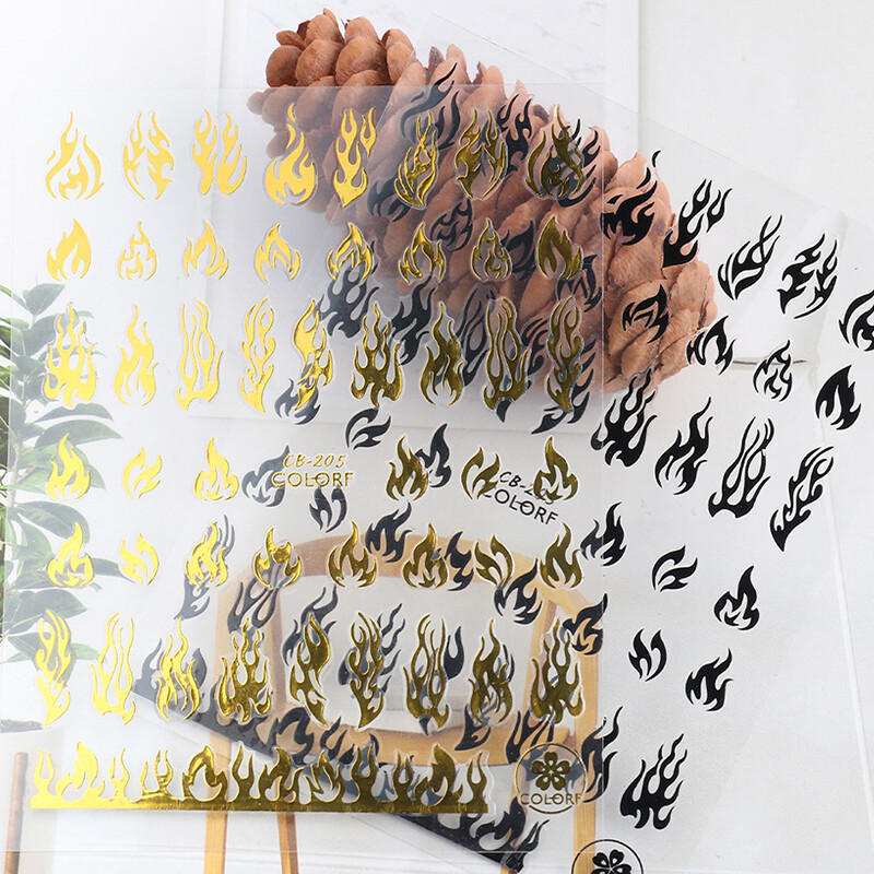 【QIAONSHOP】miếng Dán Móng Lửa Hình Ba Chiều, 3d, Ngọn Lửa Lửa, Thanh Trượt, Vàng, Đen, Mùa Hè, Làm Móng, Đề Can, Tự Làm, Trang Trí Móng Tay, Dụng Cụ Trang Trí