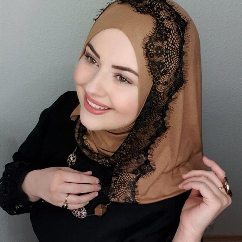 Jifang Fashion Malaysia Women Black Floral Lace Edge Brim Plain Cotton Linen Shawl Pashmina Muslim Hijabs Shawls Headwraps WJ917