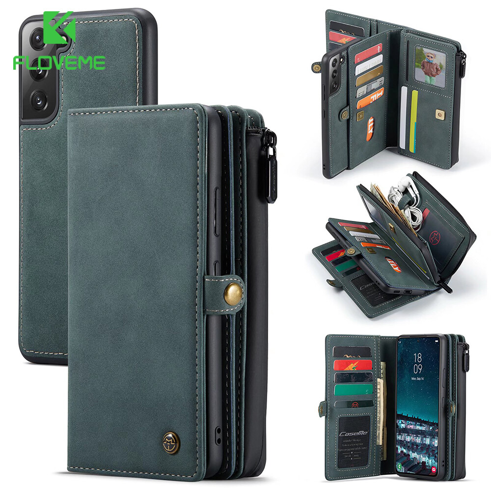 Floveme magnetic wallet phone case for samsung galaxy s22 s21 s20 ultra s20 fe s22 s21 s20 plus note 10 plus a51 a71 vintage leather zipper pocket card slots phone cover