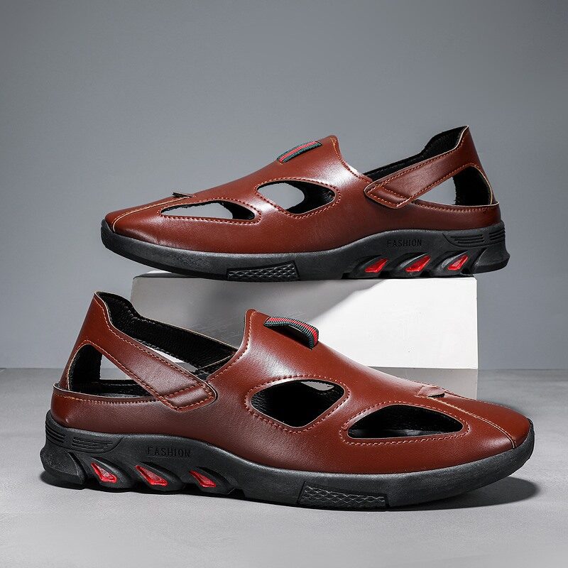AOKANG New Men's Sandals Leather Breathable Slip On Beach Shoes Hole Shoes Waterproof Sports Casual Sandals