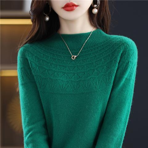 Hollow Out Solid Color Knitted Sweater Women's Half High Collar Loose Pullover Long Sleeved Sweater Korean Version Versatile Short Style Knitted Sweater Worn Inside and Outside