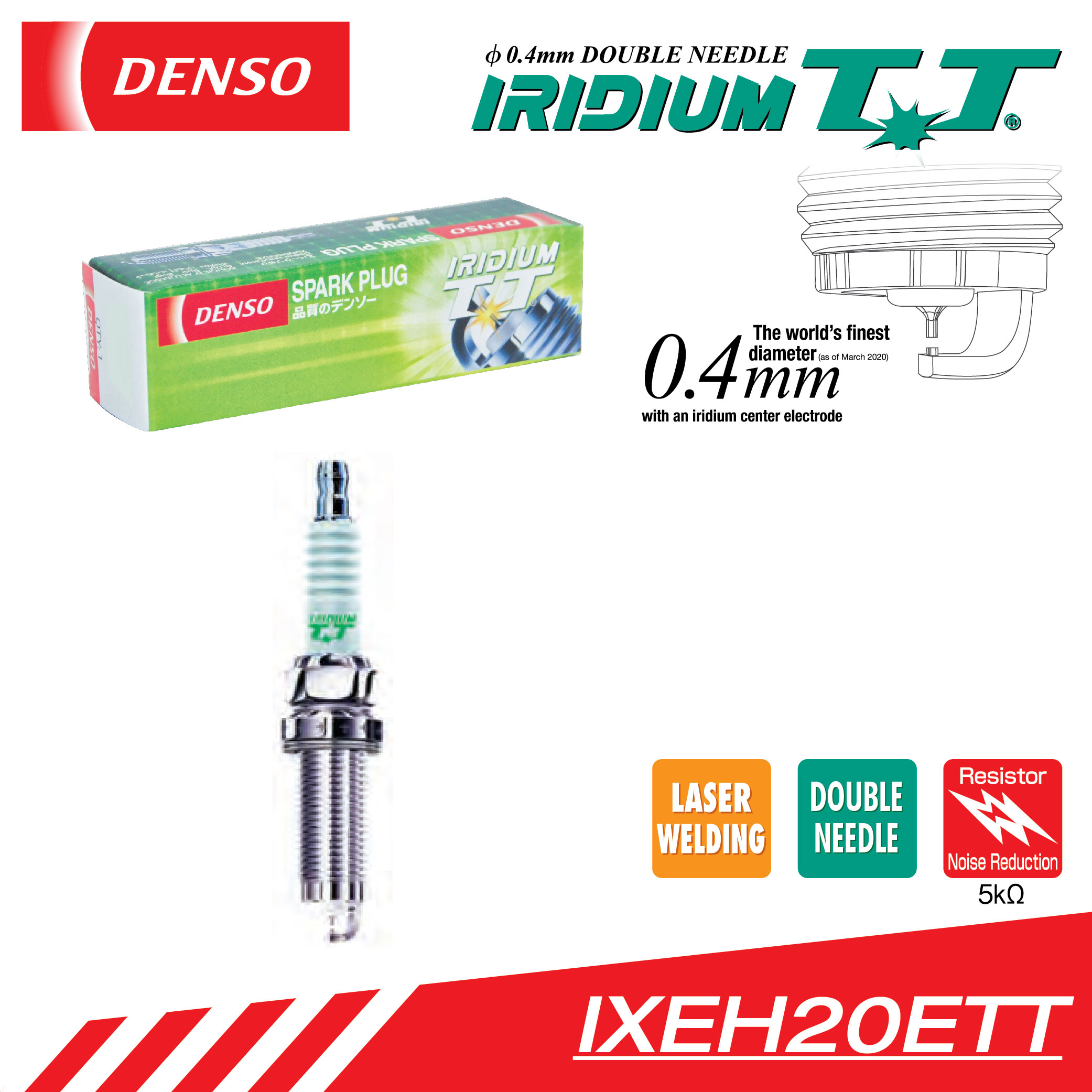 thumbnail interactive-video image 1 of DENSO Iridium TT Spark Plug 4-Pack - IXEH20TT Twin Tip Premium Spark Plugs For Improved Acceleration & Fuel Economy 1 of 11