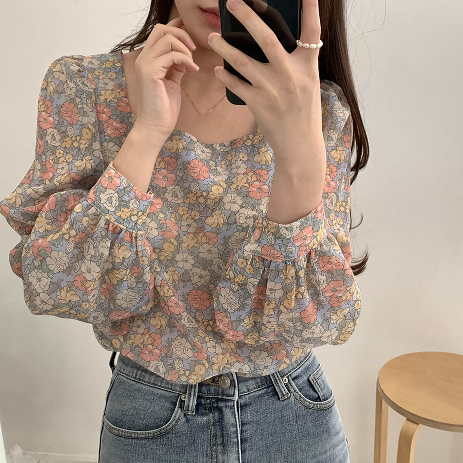 K&wm áo nữ in hình cổ vuông dài tay phồng thời trang