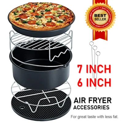 6 or 7 Inch 8 Pcs Set Universal Air Fryer Accessories Skewer Rack Roast BBQ Grill Pizza Tray Baking Pan Cake Barrel Pot