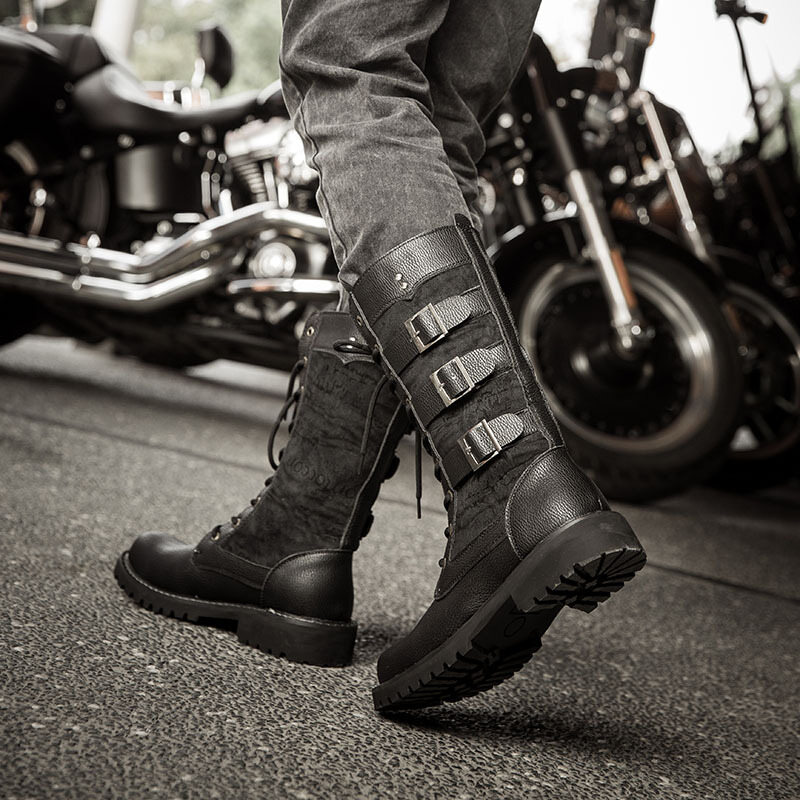 YUAAE 2020 New Fashion Mens Motorcycle Boots Leather Boots Male Footwear Cowboy Casual Shoes Men Military Tactical Boots Gothic Punk Boots