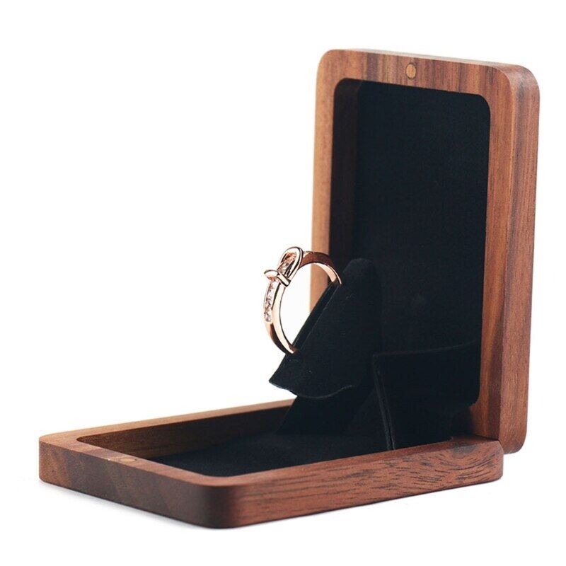 Engagement Flat Ring Box-Proposal Wooden Ring Box-Wedding Ring Box-Square Thin Engagement Revolving Box Jewelry Gift