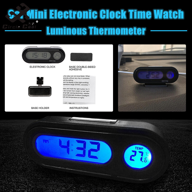 Circle Cool Car Mini Electronic Clock Time Watch Auto Dashboard Clocks Luminous Thermometer Black Digital Display Car Accessories