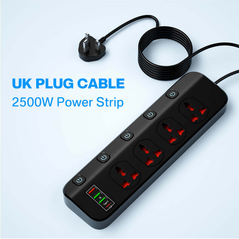 Topzero 2500w strip 5 power extension with 3 usb a charger port and 1 usb c charger power extension socket with individual switch 2m thicken copper power cord power strips for home office and more