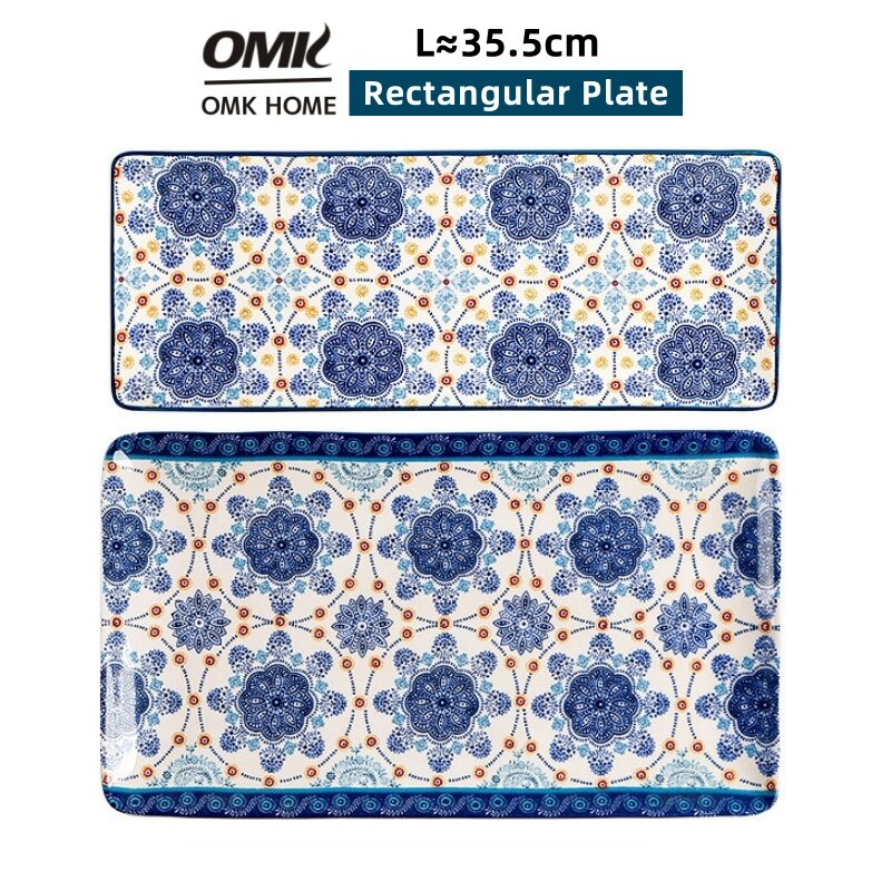 Omk màu xanh talavera loạt gốm 14 inch hình chữ nhật đĩa phẳng để thức ăn Salad món tráng miệng khay đĩa