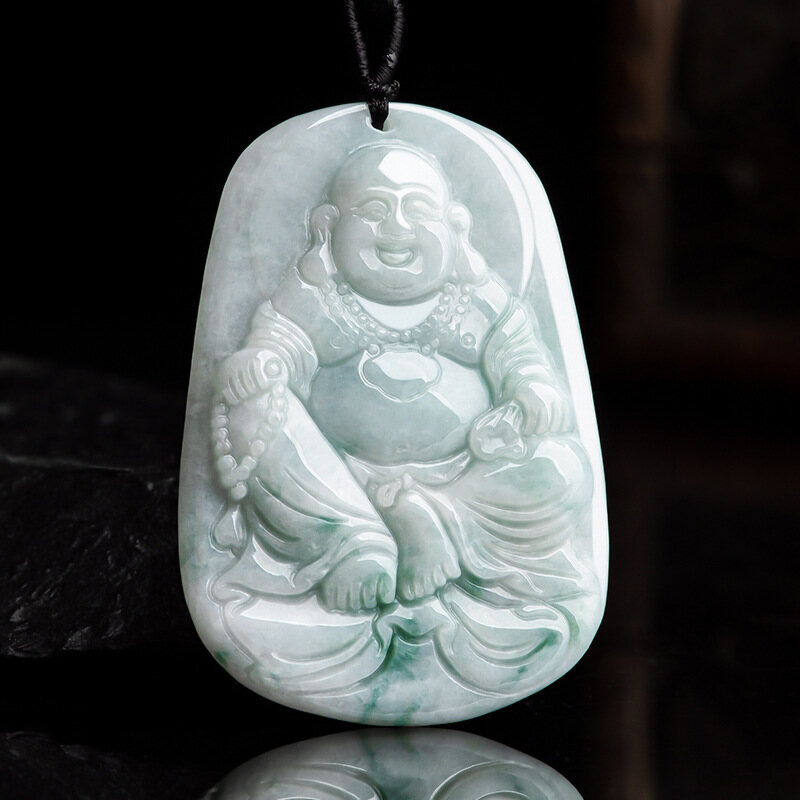 TIMESWIND White Natural Jade Laughing Buddha with Certificate Ethic Style Necklace for Men Y1N
