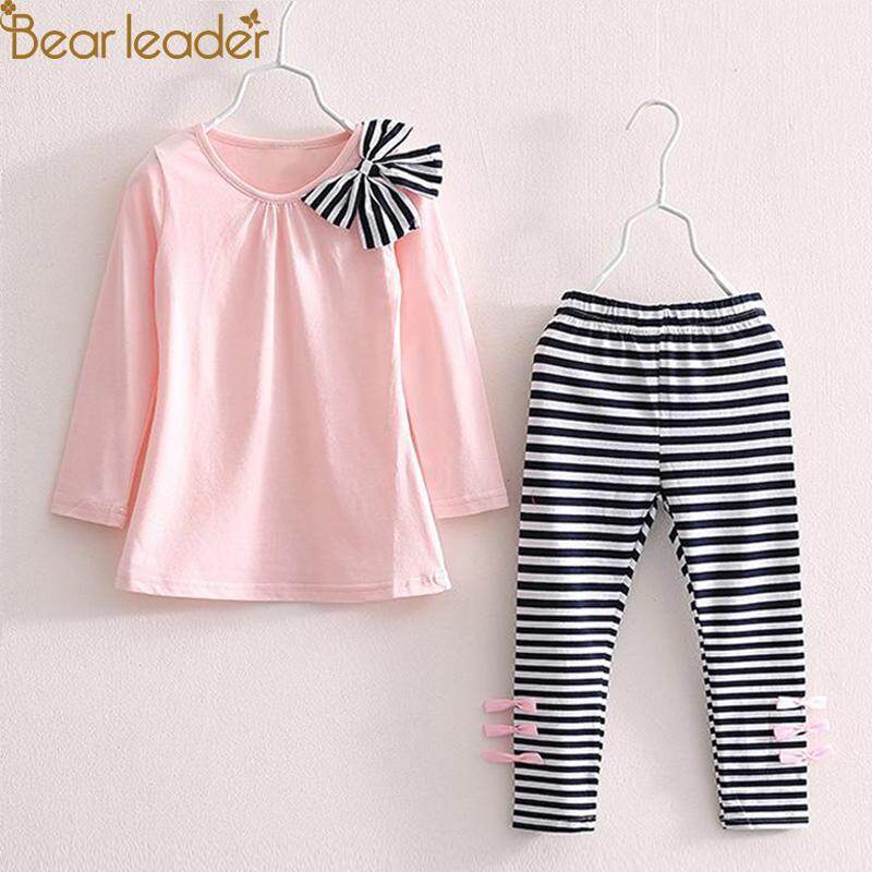 Bear Leader Kids Girl Clothing Sets 2021 New Autumn Fashion Casual Style Long Sleeve Striped Bow Design T-shirt+Striped Pants For Girls Clothes O-neck Pullover Outerwear Girls Children For 3-7Y