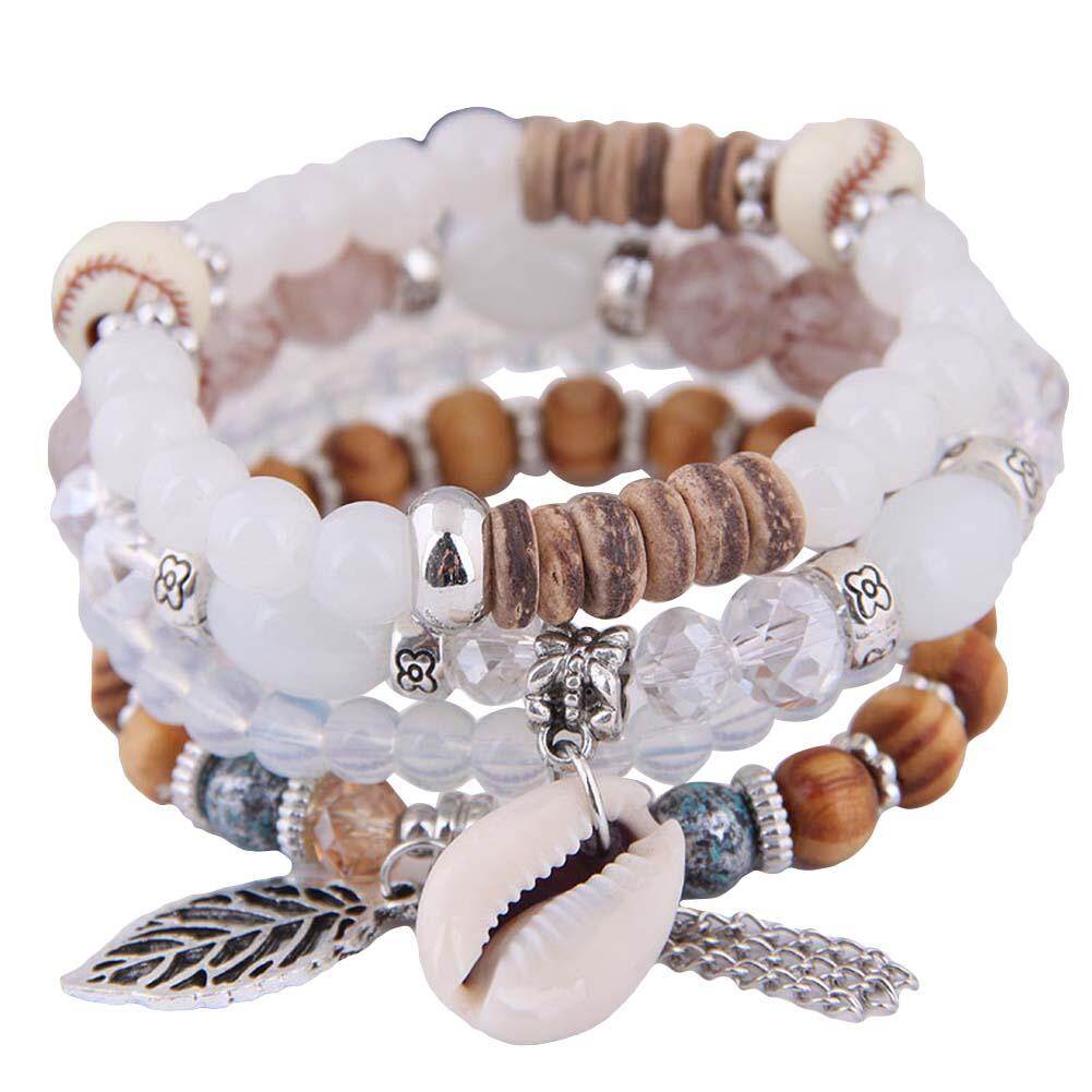 Gravitational wave 4Pcs/Set Bohemian Women Cowrie Shell Leaf Charm Candy Beaded Elastic Bracelet