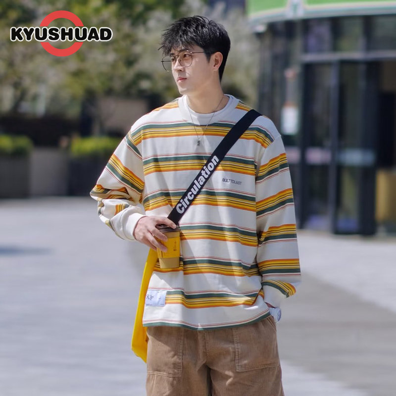 KYUSHUAD Áo chui đầu cổ tròn của nam áo sọc trùm đầu sọc Retro Áo thun mỏng