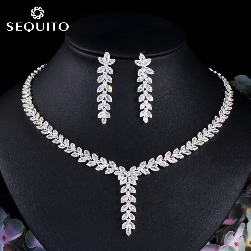 SEQUITO Brilliant Sparkling Cubic Zirconia Bridal Long Leaf Drop Dangle Earrings Necklace for Female Wedding Party Jewelry Set SJ151