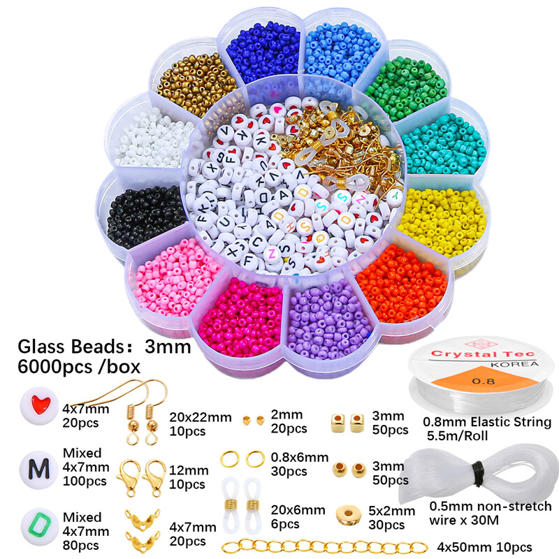 6000pcs/Box 3mm Crystal Czech Glass Loose Beads Alphabet Letter Beads with Clasp Earring Hook Gold Plated Beads Chain String Beads Kit Box for Earring Necklace Bracelet DIY Jewelry Making