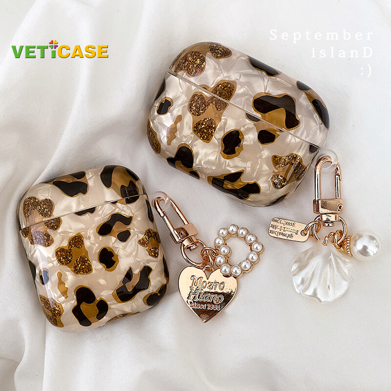 Leopard Shell Pearl Love Tag Earphone Case for Apple AirPods Pro AirPods 1 2 3 New Silicone Soft Cover Headphone Air Pods Casing Pouch Protective AirPod Accessories Black Yellow