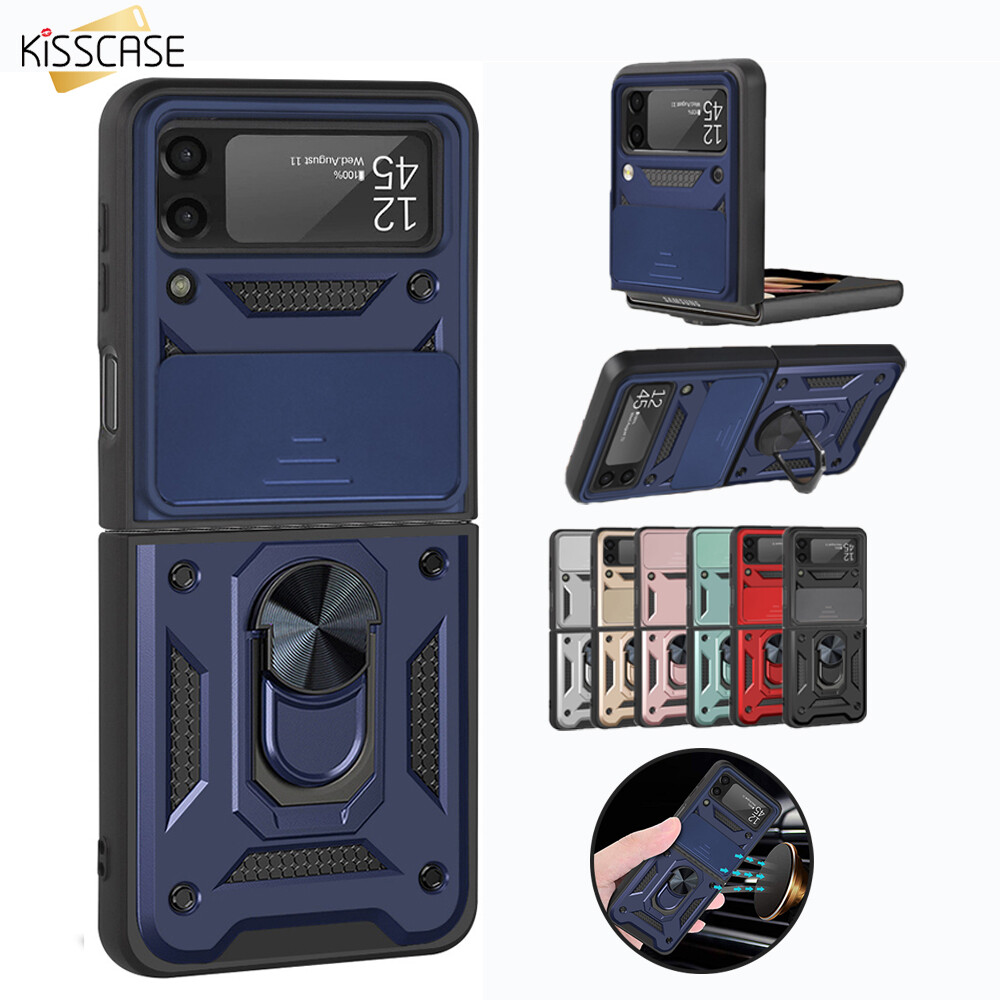 KISSCASE for Samsung Galaxy Z Flip 4 Flip3 5G Armor Case for Samsung Z Flip 4 5G Case Shockproof Cover Push Window Stand Holder Back Phone Case