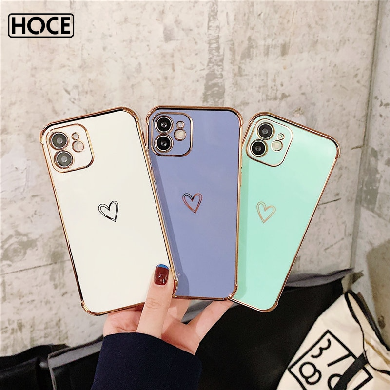 HOCE Luxury Electroplated Love Heart Camera Protection Phone Case For iPhone XR XS Max X 7 8 Plus 12Pro 12 Mini 11 13 Pro Max Plating Bumper Protection Cases Cover
