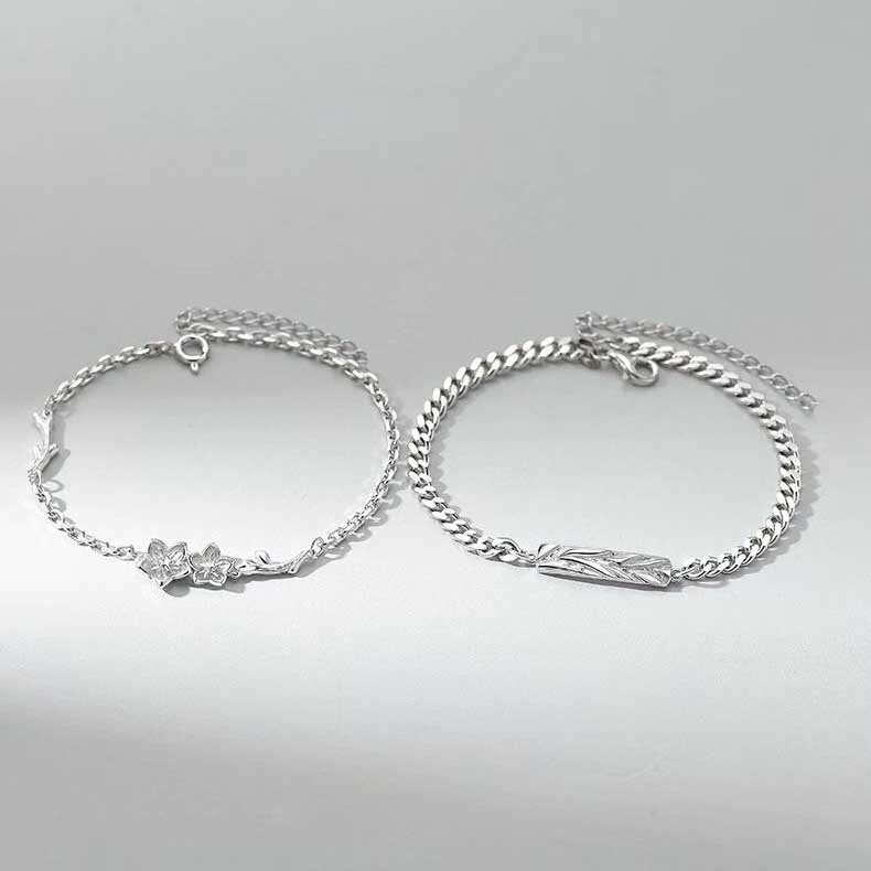 Thanh lịch phong cách đơn giản quên-me-không hoa mặt dây chuyền hình lá Bangles titan bạc thép nam nữ thời trang đôi trang sức vòng đeo tay
