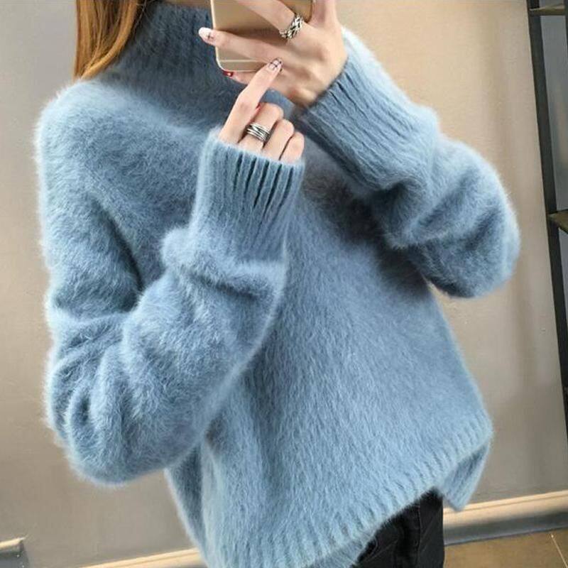 Top★áo len lông chồn không thấm nước áo mặc trong cho nữ áo len chui đầu cổ lọ lửng dáng rộng dày thu đông mới 2022 917