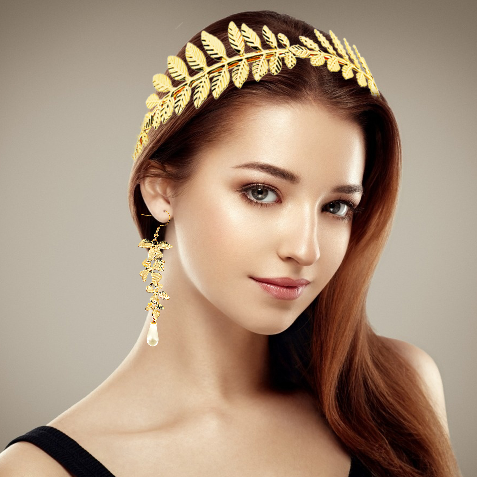 Greek Goddess Costume Accessories Set Leaf Crown Earrings Belt Cosplay Women 15-Piece Greek Goddess Costume Set: Golden Leaves Bridal  main image 2