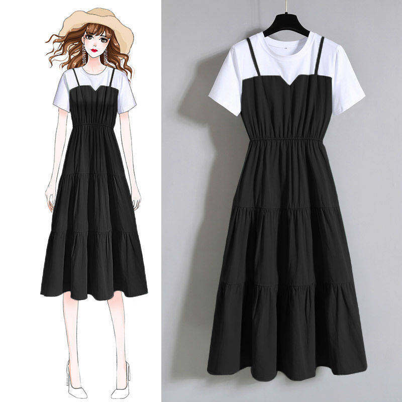 Large Fashion Strap Fake Two-Piece Dress Summer Large Girl's Waist Hugging Slim Short-Sleeve Dress Women