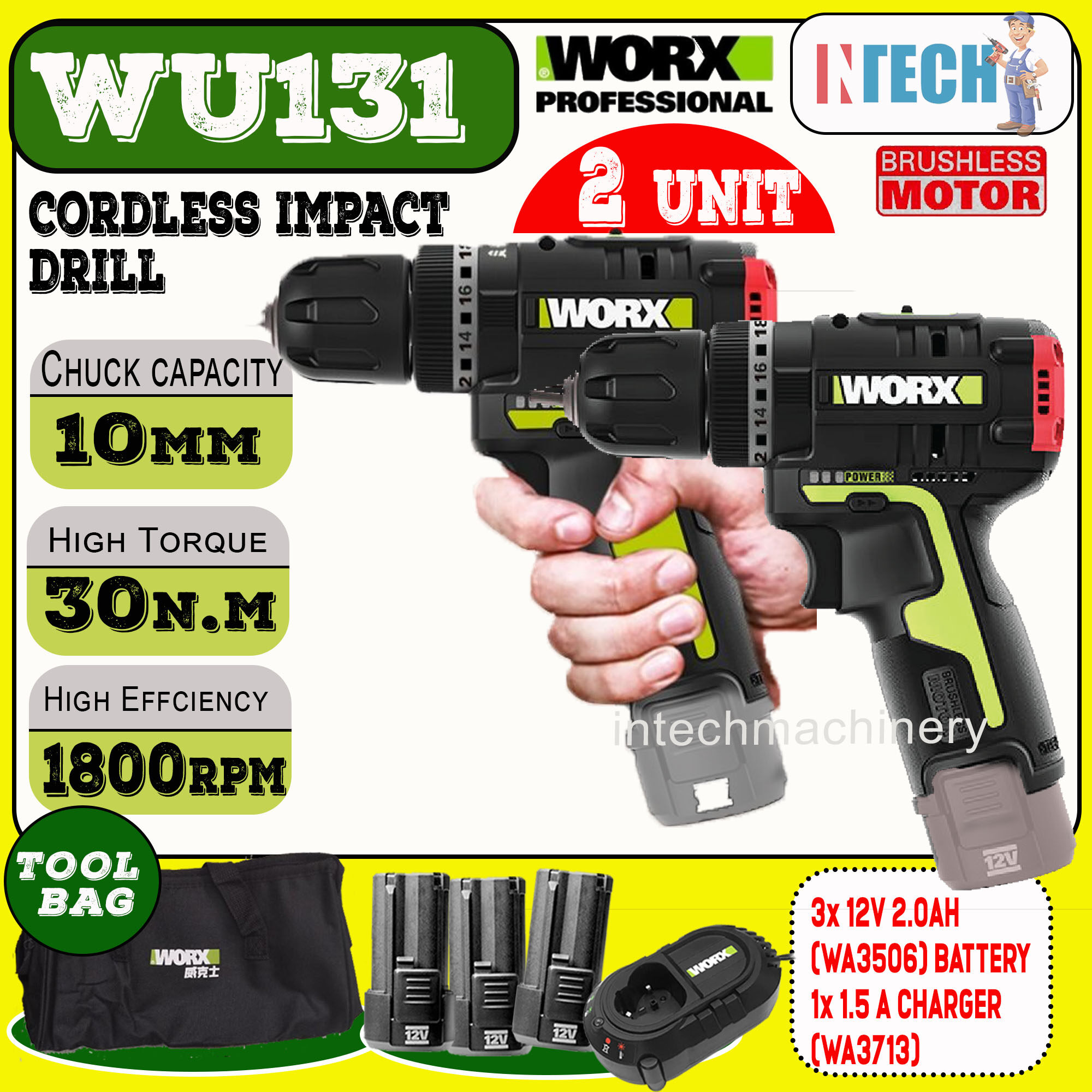WORX 2 UNIT WU131 CORDLESS IMPACT DRILL BRUSHLESS MOTOR C/W 3 NOS 2.0AH