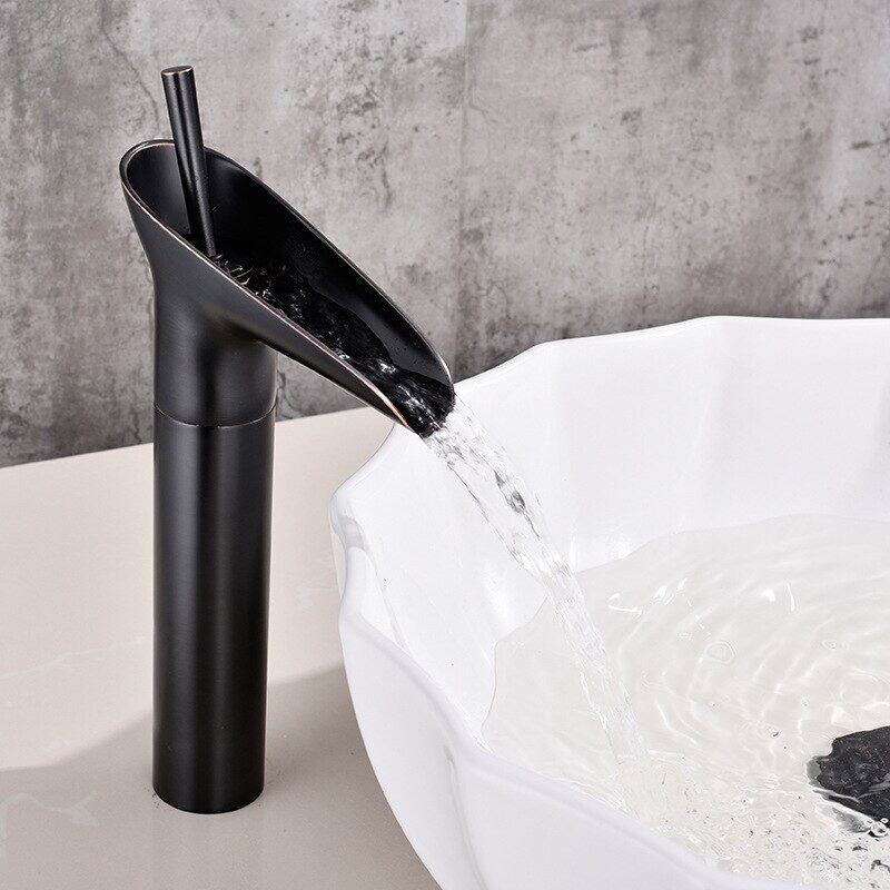 Luxury Black Antique Color Brass Single Handle Bathroom Bar Basin Sink Mixer Tap Waterfall Faucet Deck Mounted One Hole
