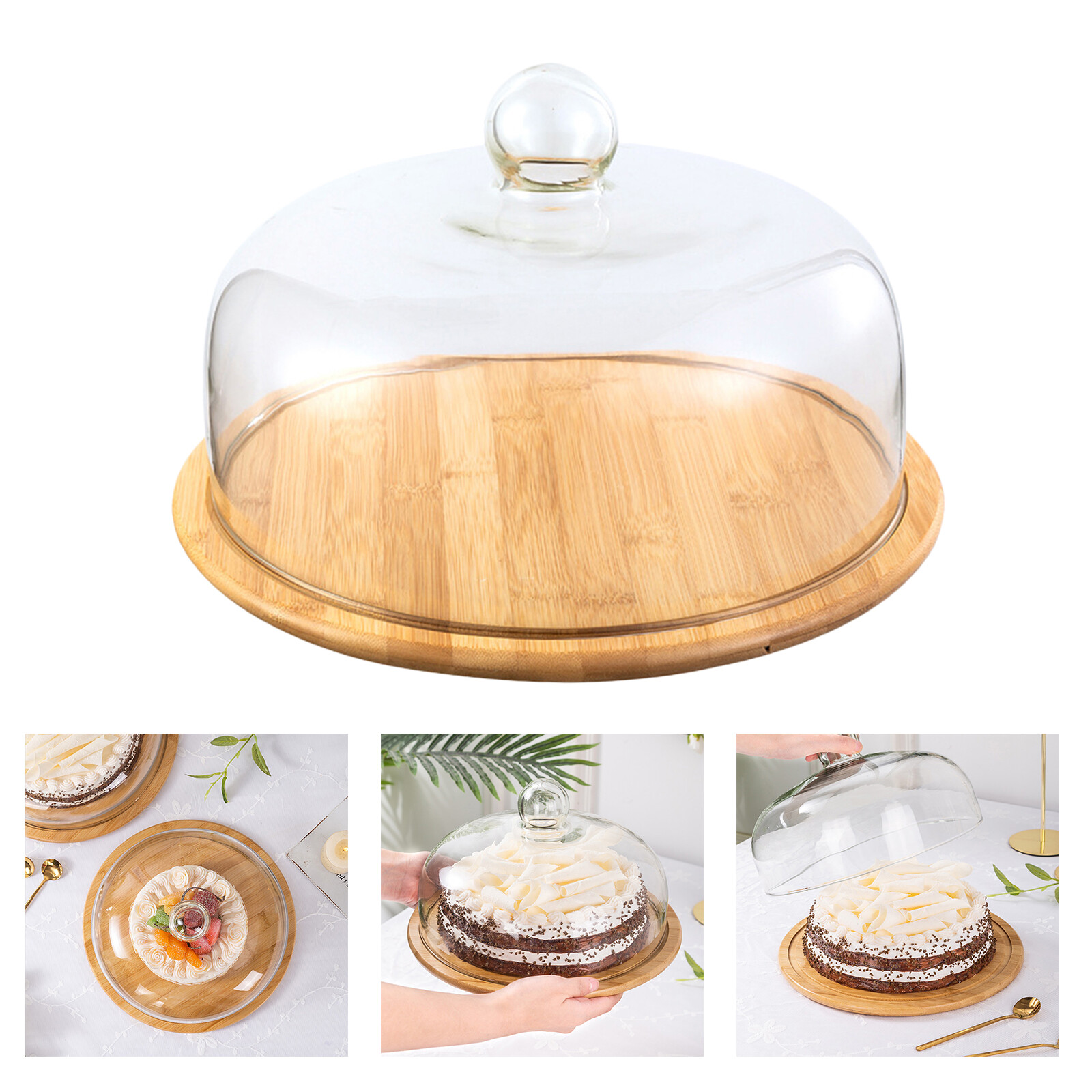 Fityle Vintage Glass Cover Serving Tray Wooden Storage Cake Stand Appetizer Bread Fruit Plate w/ Cover Party Decor Dinnerware Centerpiece