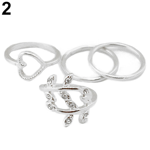 Gravitational wave 4Pcs/Set Rhinestone Leaf Heart Above Knuckle Midi Stack Ring Boho Party Jewelry