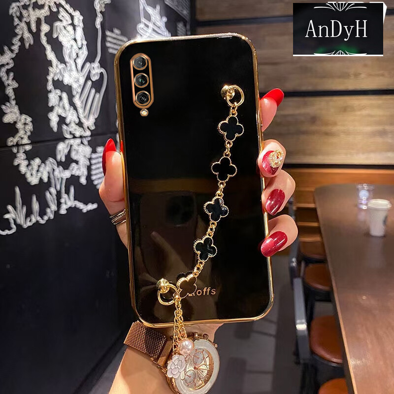 AnDyH Straight Edge Plating Phone case For Huawei Y9S casing,Precise Camera Protection cases Cute girl style cover with Four leaf clover bracelet