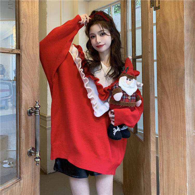 IELGY giáng sinh màu đỏ áo len cổ chữ V phụ nữ xù dáng rộng ấm áp Áo len dệt