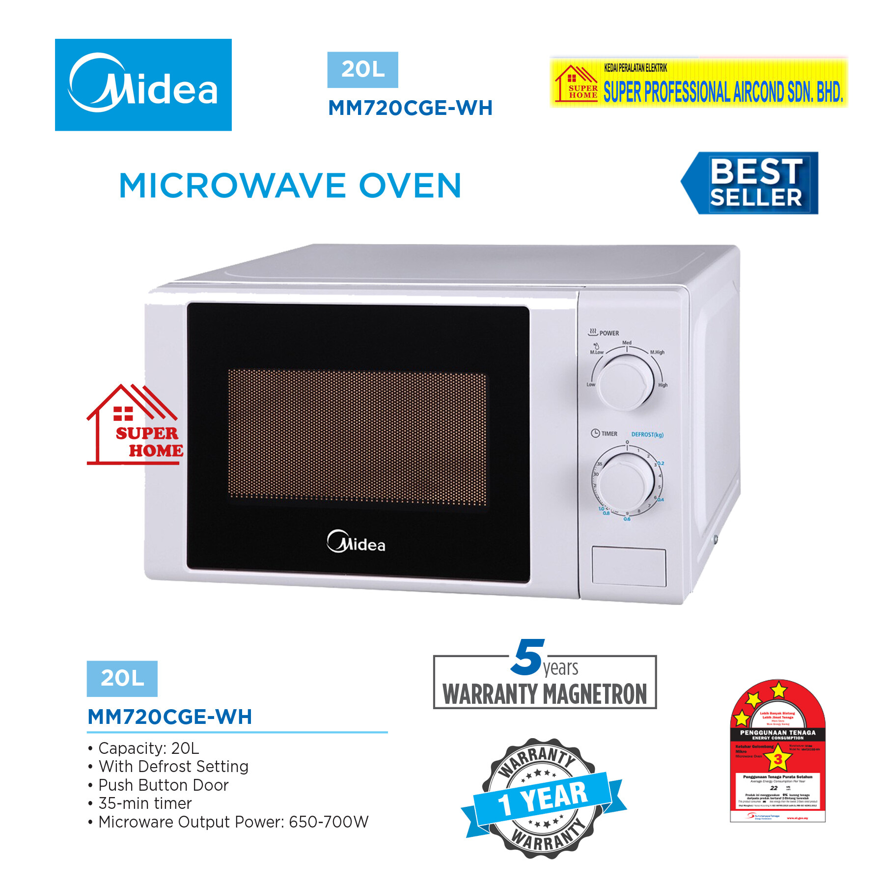 Midea Microwave Oven MM720CGE / MM720CXM 20L Microwave Oven White