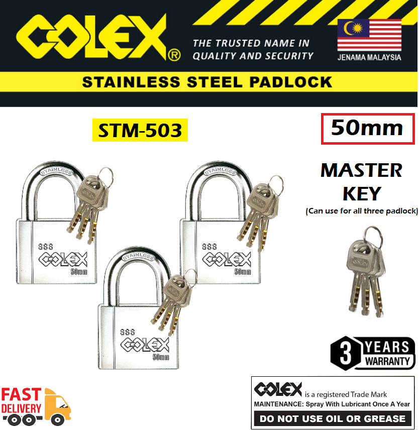 COLEX 3PCS MASTER KEY STM503 / STM-503 50mm SSS Stainless Steel Padlock ...