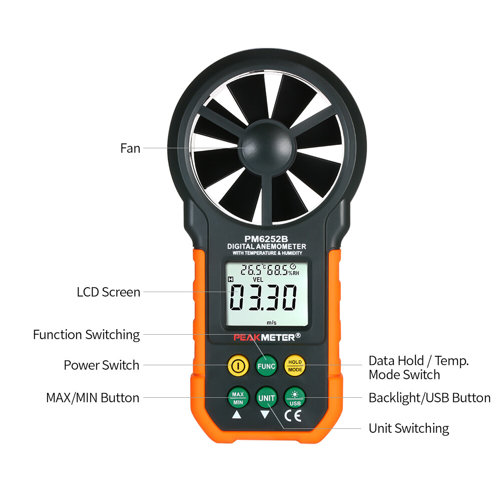 SMART SENSOR Multifunction Digital Anemometer Professional Wind Speed Meter LCD Digital Anemometer Air Volume/Temperature/Humidity for Weather Data Collection Outdoors Sailing Surfing Fishing