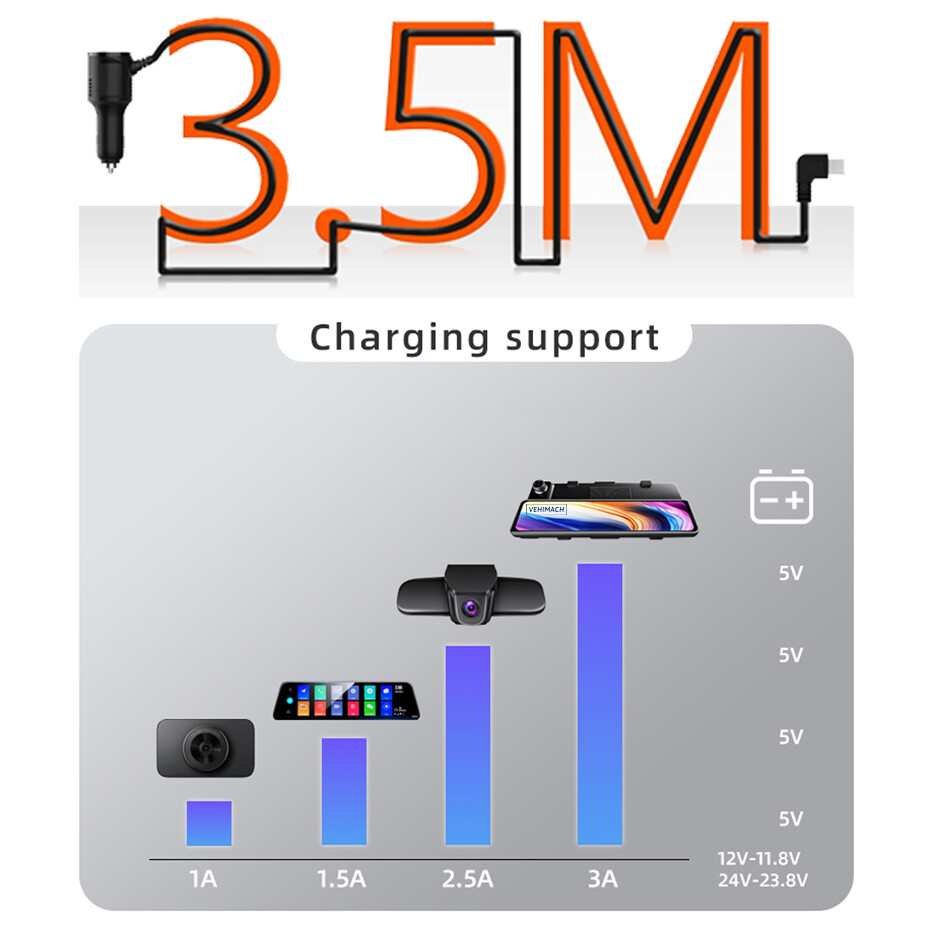 Car Camera Charging Cable 5V 3.5A 3.5M Wire Dash Cam Car Charger
