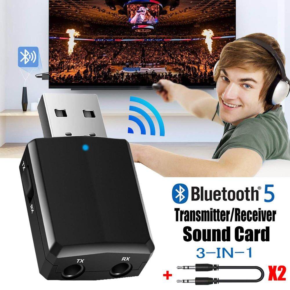 เครื่องรับสัญญาณบลูทูล ตัวรับสัญญาณบูลทูธ USB Bluetooth 5.0 Transmitter Receiver 3 in 1 EDR Adapter Dongle 3.5mm AUX for TV PC Headphones Home Stereo Car HIFI Audio