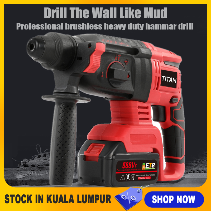 【Stockin KL】XTITAN 2 Battery Professional Brushless Heavy Duty Hammer Drill Cordless Impact Drill 4 Function Rotary Hammer Drill Adjustable Grip Handle 980 RPM Cordless Drill Demolition Kit +4.0Ah B-attery+Carry Box+Ship From KL+1 Year Warranty