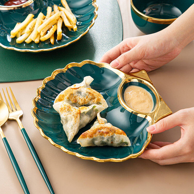 Ceramic Dumpling Plate with Vinegar Dish Household Fruit Plate Personality Tableware Shell Dish Sushi Net Sweet Potato Chip Plate and Bowl Creative Dinnerware