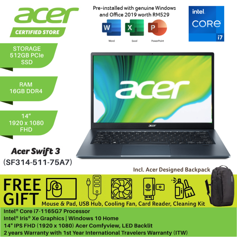 Acer Swift 3 SF314-511-75A7 14 FHD Laptop Steam Blue ( i7-1165G7, 16GB, 512GB SSD, Intel, W10, HS ) Malaysia
