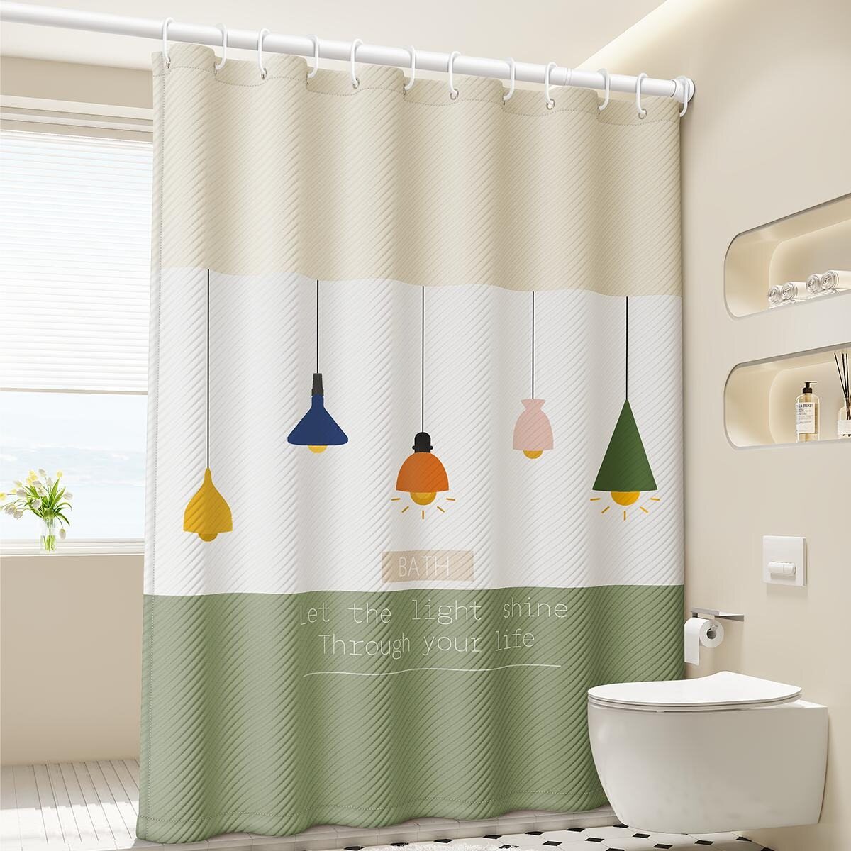 Shower Curtain, Polyester Weighted Striped Fabric Shower Curtain Set with Hooks, Water Repellent, Bohemian Vintage Country Cloth Shower Curtain for Bathroom