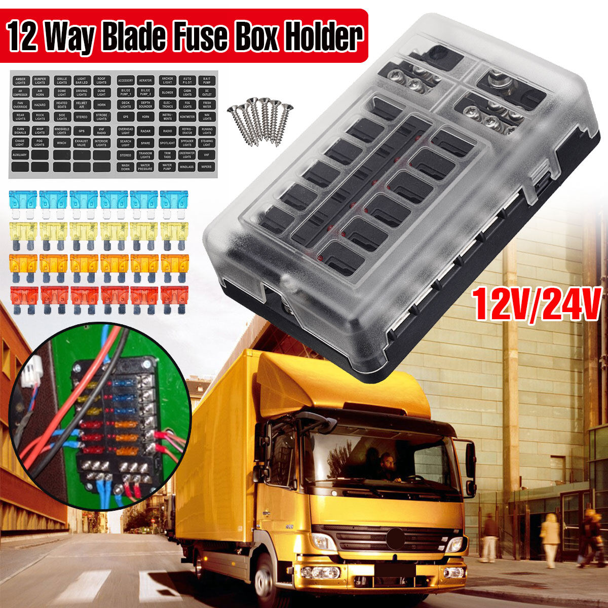 Car Boat Fuses Block 12 Way LED Fuses Junction Box Blades Fuses