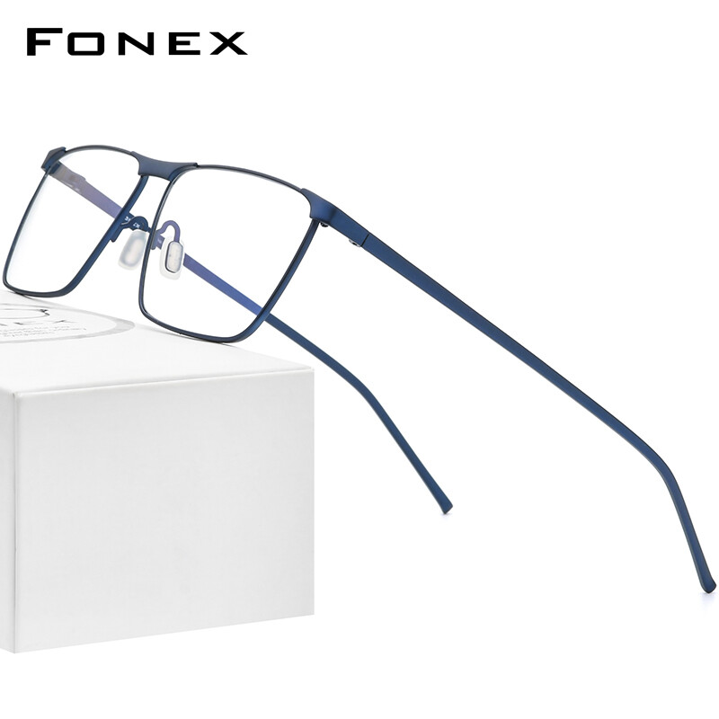 FONEX Pure Titanium Glasses for Men 2022 New Male Square Eyeglasses Korean Style Silver Blue Rectangle Optical Frame Eyewear Singapore Branded with Case 8526