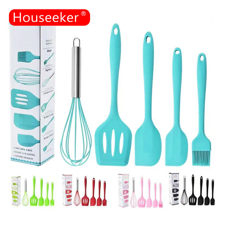 Houseeker 5Pcs Silicone Kitchen Utensils Multifunction Shovel Spatula Eggbeater Scraper Brush Set Non-Stick Cooking Cake Baking Tools