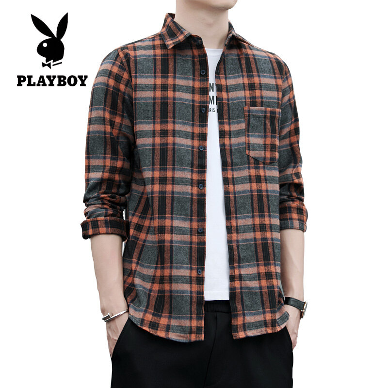 PLAYBOY New Men's Plaid Shirt Casual Shirt