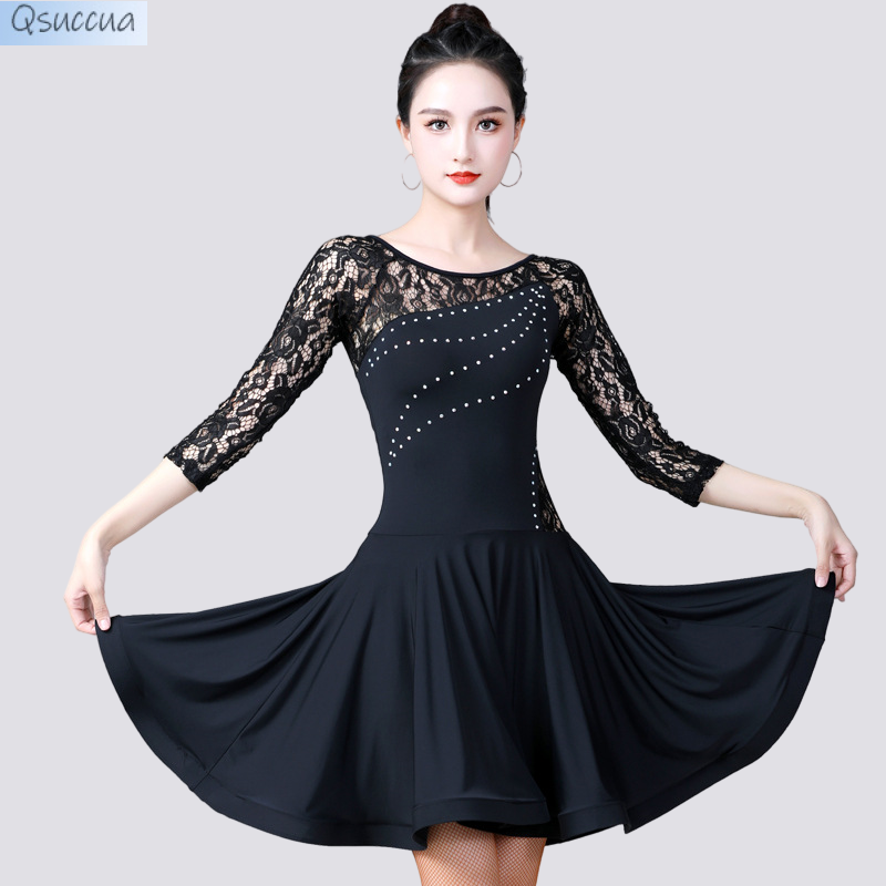 Latin Dance Dress Female Adult New Dress Summer Long Sleeve Lace Patchwork Dance Dress Performance Practice Dress