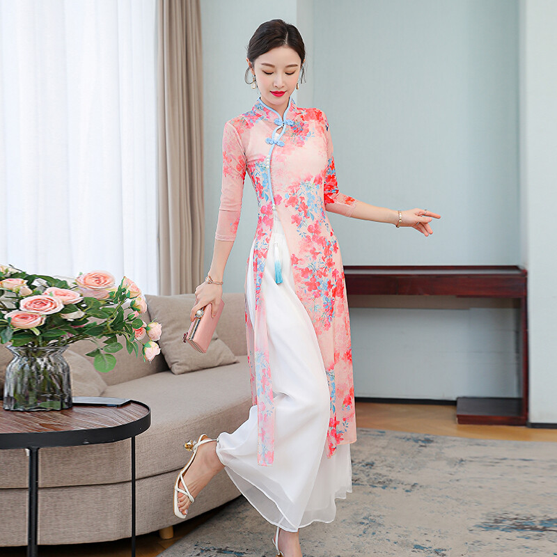 Suit 2022 Spring New Printed Cheongsam Body Rhyme Suit Exercise Suit Elegant Costume Chinese Dance Gauze Three-piece Suit