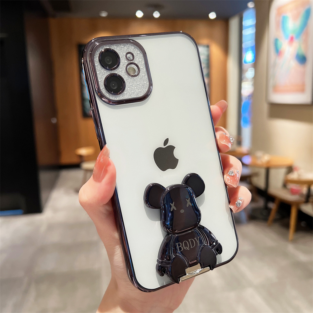 Cute cartoon bear electroplating bracket phone case for iphone 11 12 13 pro max 7 8 plus se 2 case xr xs max lluxury lens protection plated bezel back case